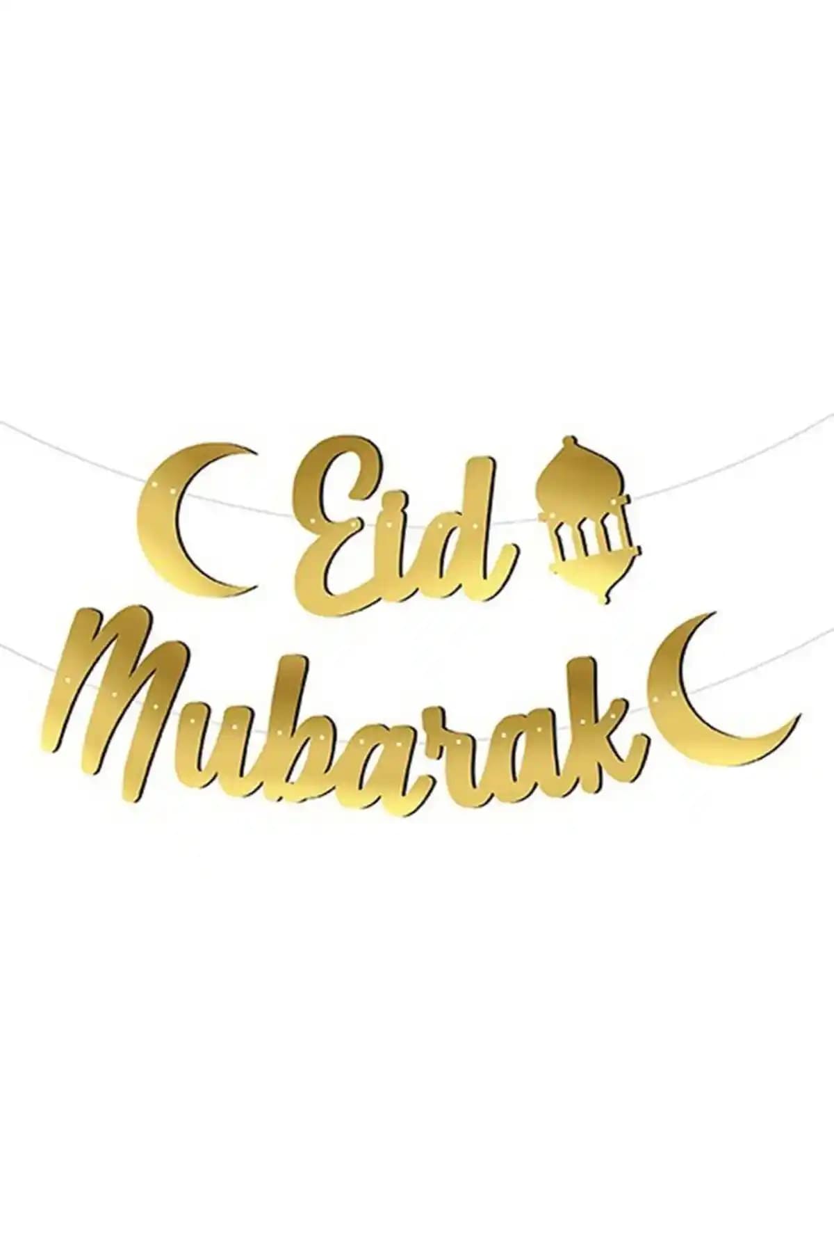 Altın Renkli Eid Mubarak Yazılı Kaligrafi Banner ile Şık ve Anlamlı Bayram Dekorasyonu