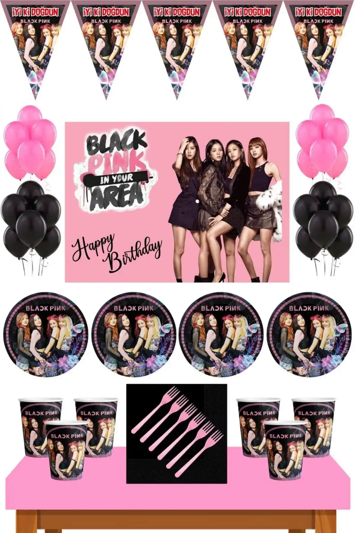 BLACK PINK Temalı Doğum Günü Parti Malzemeleri Seti 8 Kişilik Renkli ve Dayanıklı