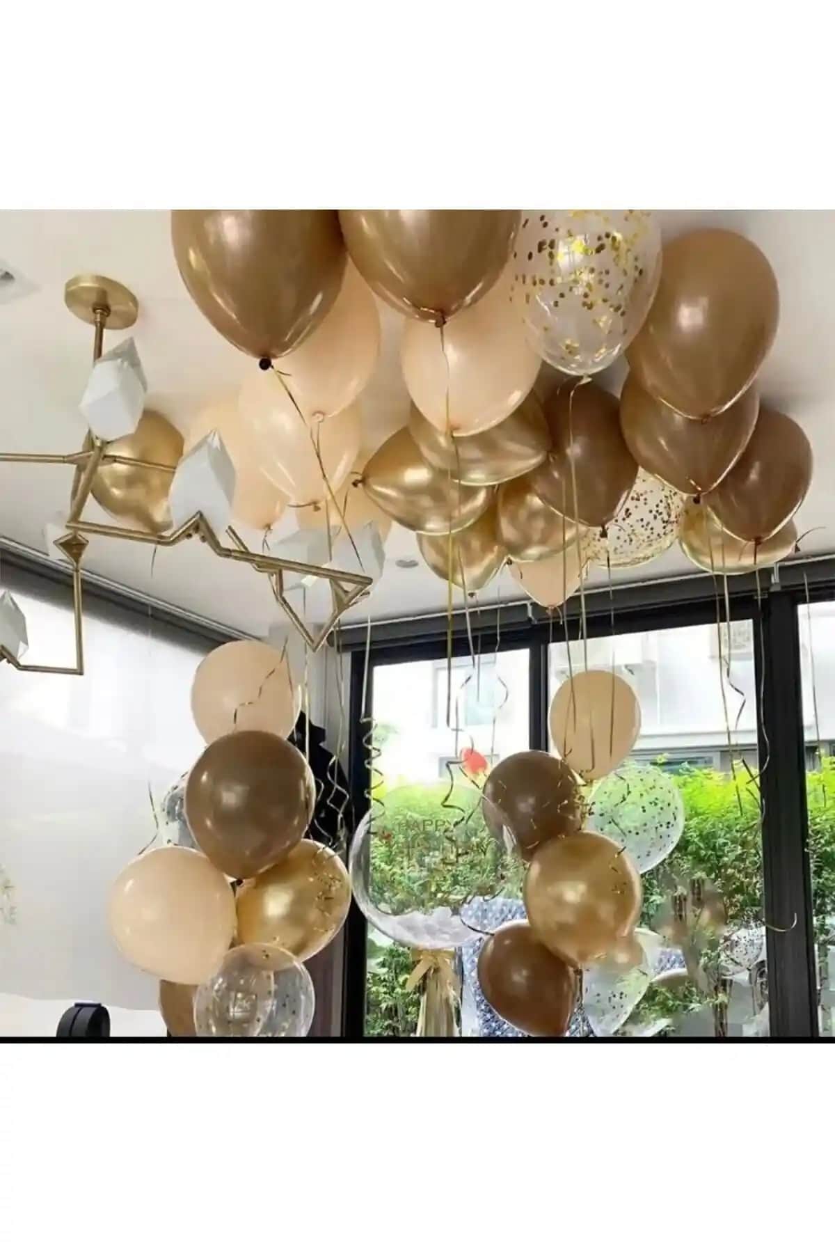 Deniz Party Store Krom Gold Kahverengi ve Konfetli Şeffaf Balonlar 20'li Set