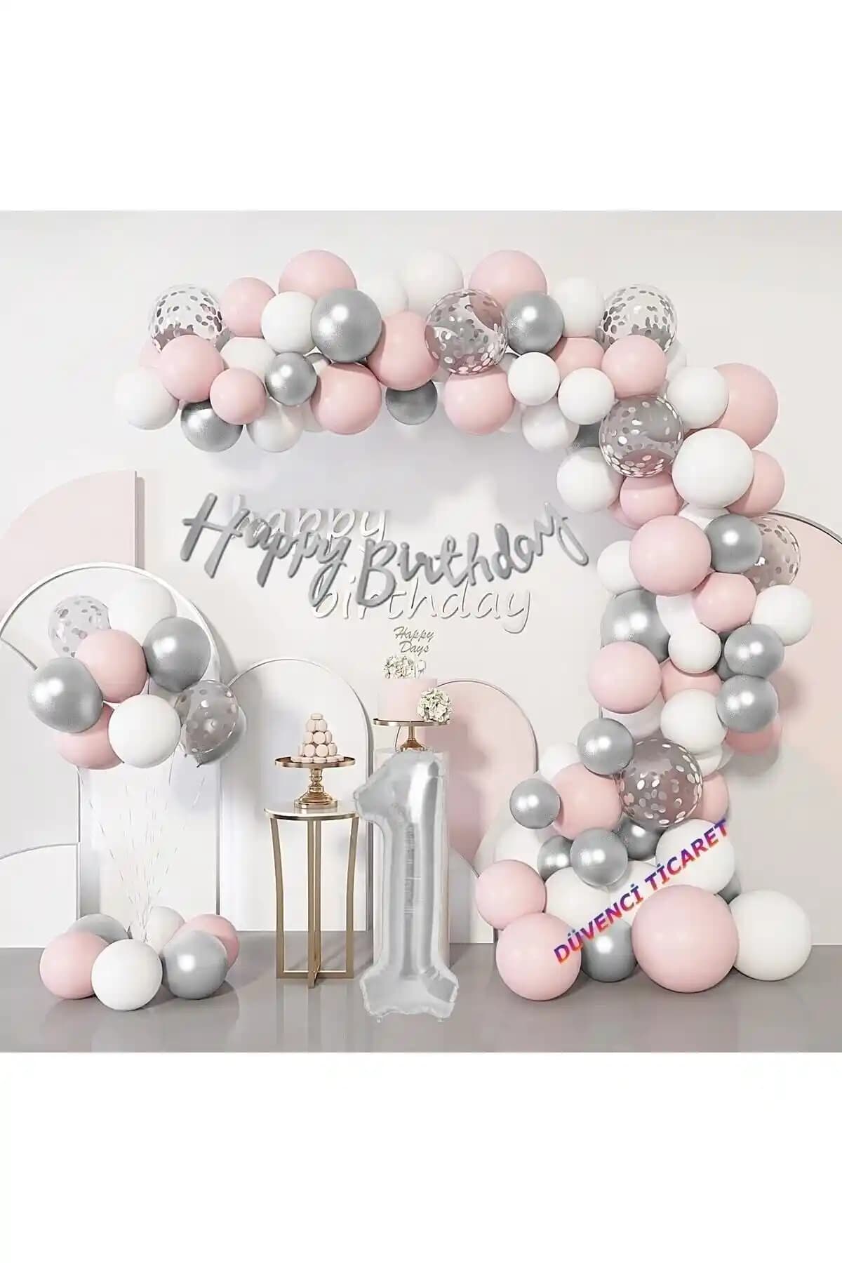 Düvenci Ticaret Lüks 1 Yaş Doğum Günü Balon Zincir Seti Pembe ve Gümüş Renkli Dekorasyon
