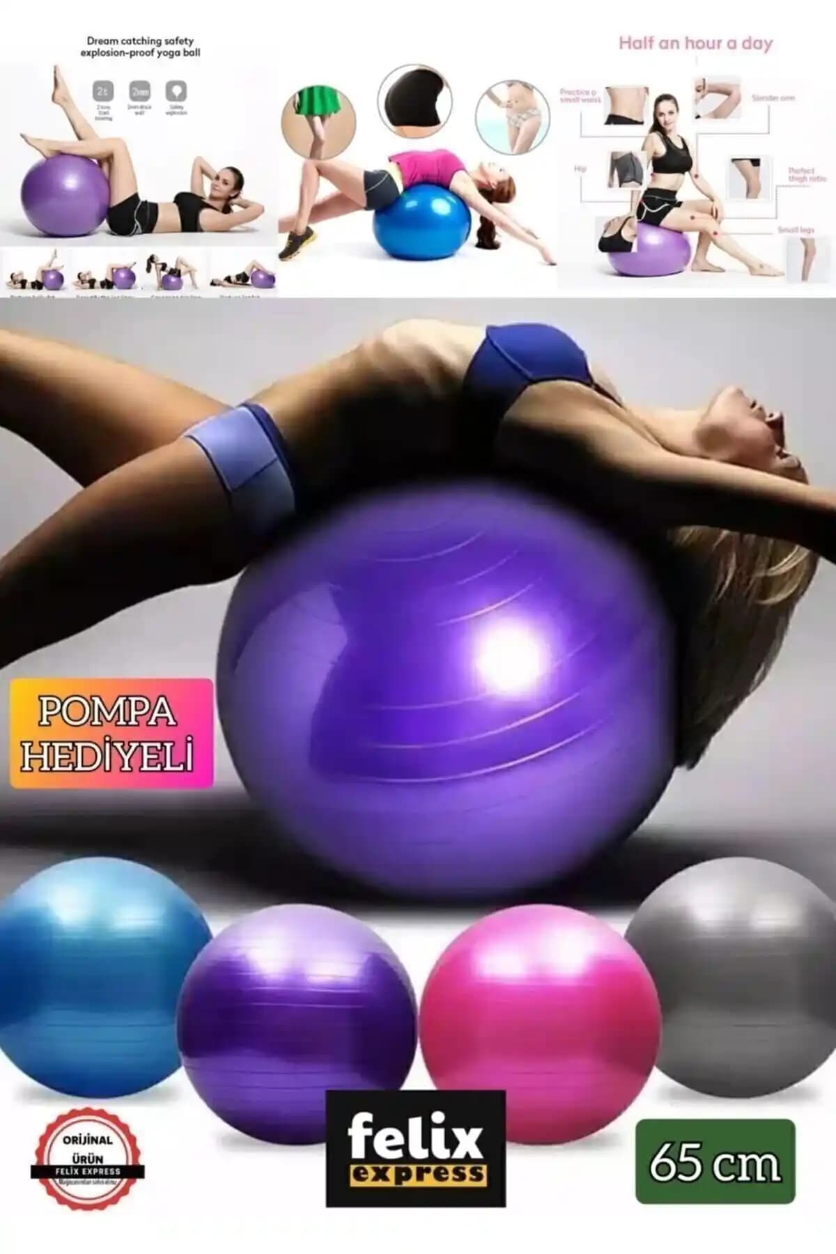 Felix Express 65 cm Mor Fitilli Pilates Topu ve Pompa Seti ile Denge ve Esneklik Artırma