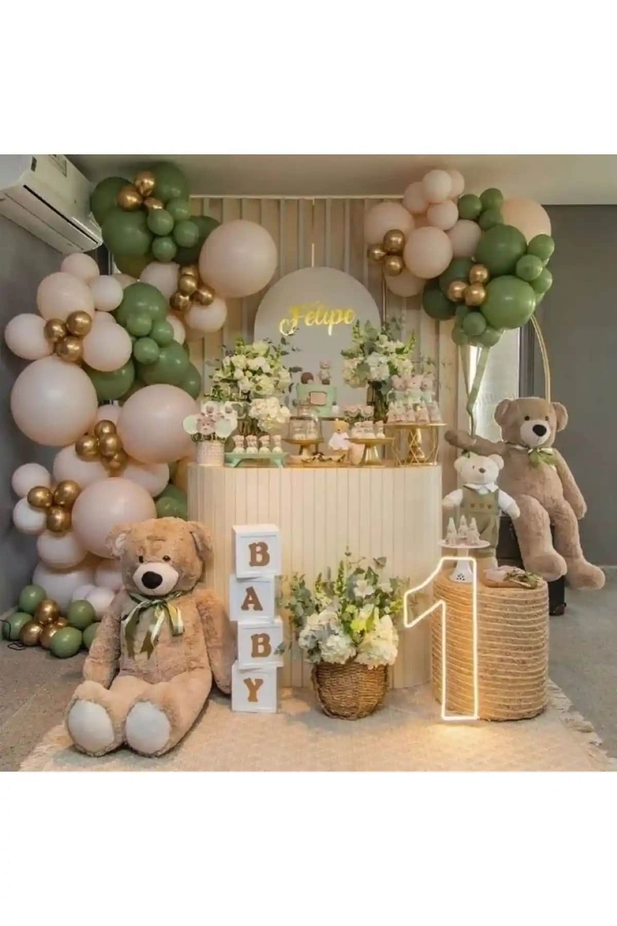 MERİ PARTİ Küf Yeşili ve Ten Rengi Gold Krom Balon Seti Doğum Günü ve Partiler İçin