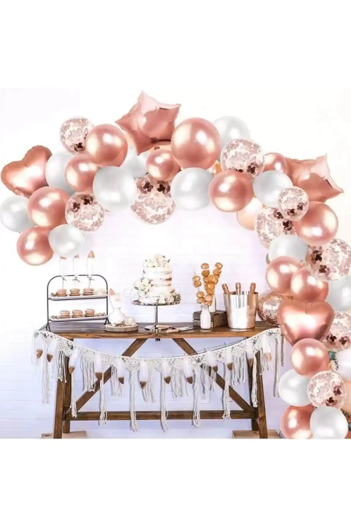 Parti Dolabı Rose Gold Folyo Kalp Yıldız Balon Konfetili Set Nişan ve Kına Organizasyonları İçin