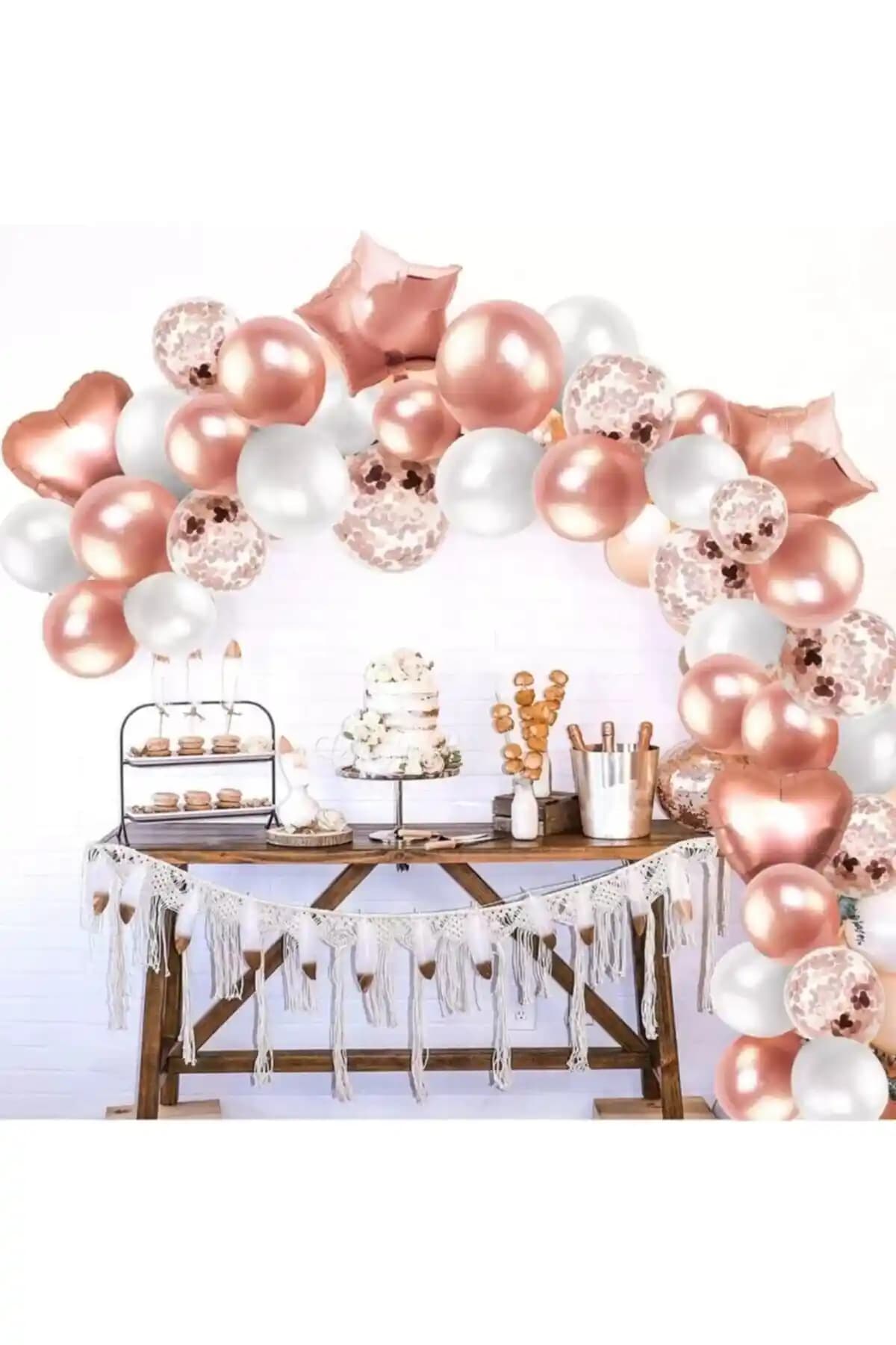 Parti Dolabı Rose Gold Folyo Kalp Yıldız Balon Konfetili Set Nişan ve Kına Organizasyonları İçin