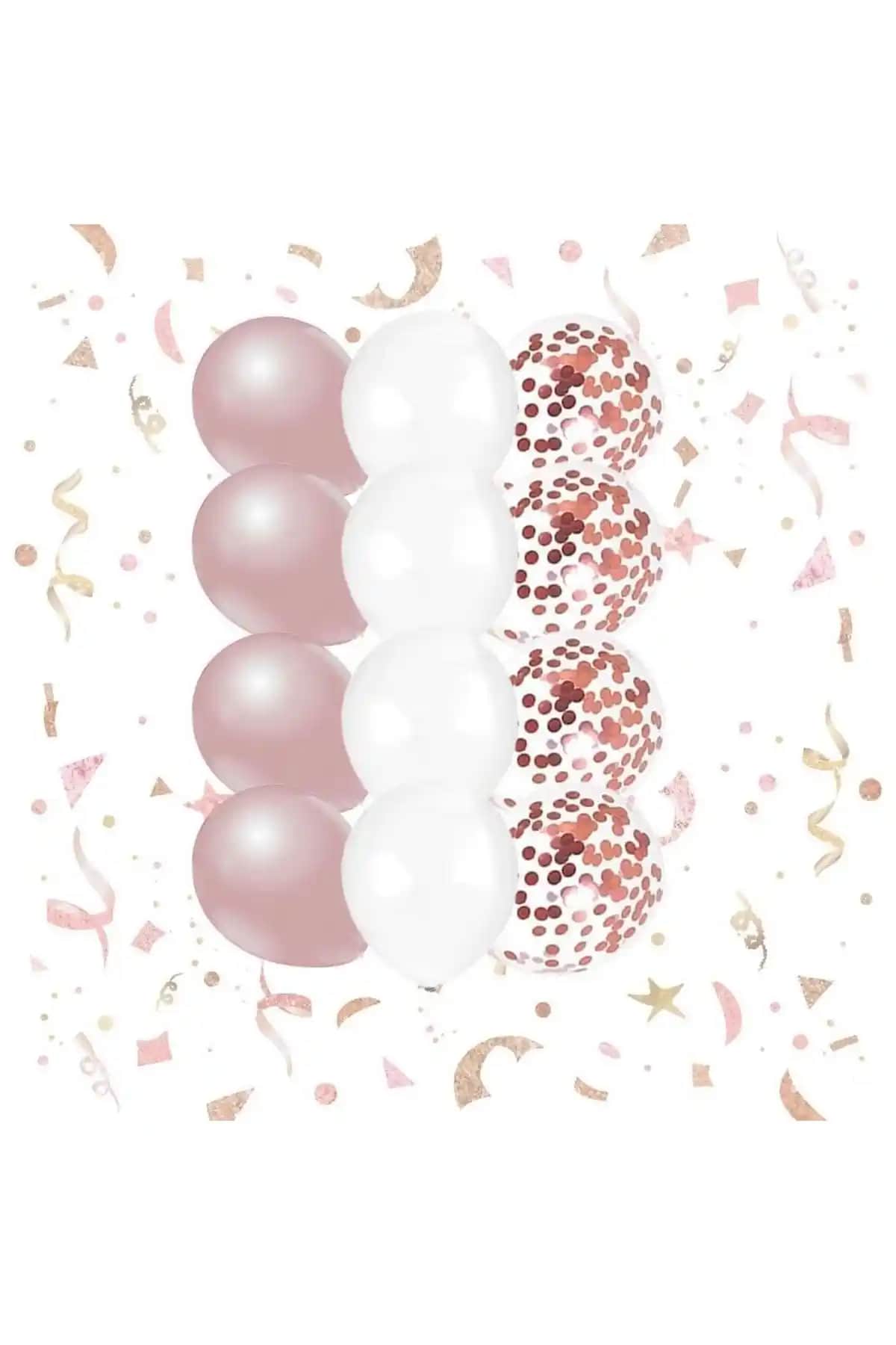 Patla<dı> Gitti 10 Adet Beyaz Rose Gold ve Konfeti Balon Seti Modern Kutlama Süslemesi