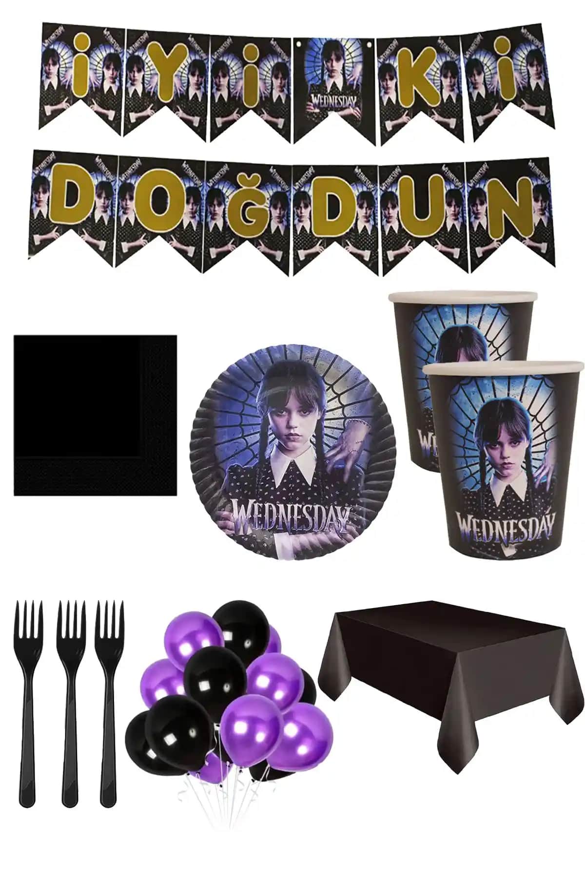 Wednesday Temalı 16 Kişilik Parti Seti Doğum Günü Süsleri ve Malzemeleri