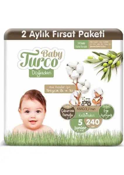Baby Turco Doğadan 5 Numara Junior Bebek Bezi 240'lı Paketle Güvenli ve Konforlu Kullanım