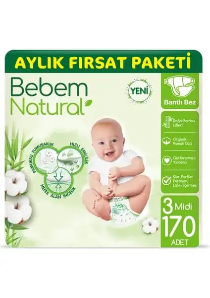 Bebem Natural Bebek Bezi 3 Beden Midi Aylık Fırsat Paketi: Doğal ve Güvenilir Konfor