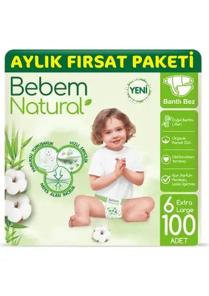 Bebem Natural Bebek Bezi 6. Beden Ekstra Large 100 Adet ile Güvenli ve Doğal Bebek Bakımı