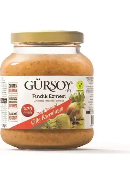 Gürsoy Çifte Kavrulmuş Fındık Ezmesi 320g doğal ve vegan lezzetli atıştırmalık