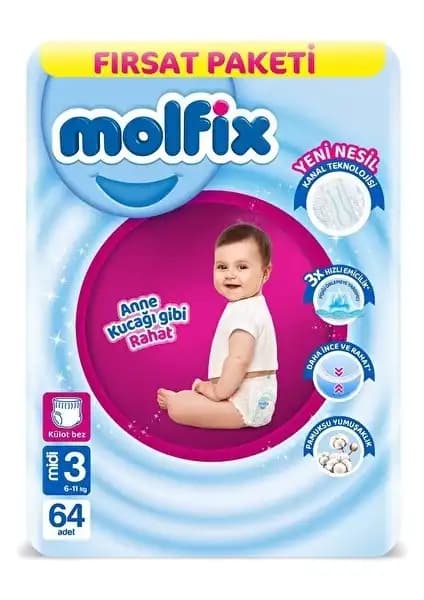 HelloBaby Molfix Külot Bez 64'lü Fırsat Midi 3 Beden Güvenilir ve Konforlu Bebek Bezi