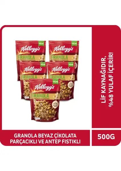 Kellogg's Granola Beyaz Çikolata Parçacıklı ve Antep Fıstıklı Sağlıklı Kahvaltı Seçeneği