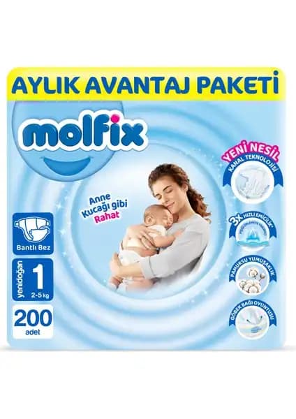 Molfix Yenidoğan Bebek Bezi 1 Beden 200 Adet Uzun Süreli Konfor ve Güvenlik Sağlar