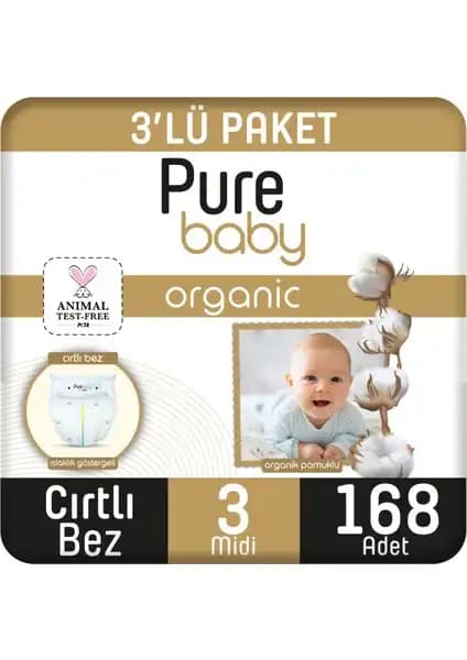 Pure Baby Organik Pamuklu Cırtlı Bebek Bezi 3'lü Paket Güvenli ve Konforlu Kullanım