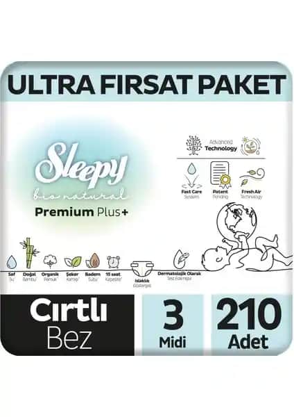 Sleepy Bio Natural Premium Plus Ultra Bebek Bezi 3 Numara Midi, Yüksek Kalite ve Doğal Malzeme