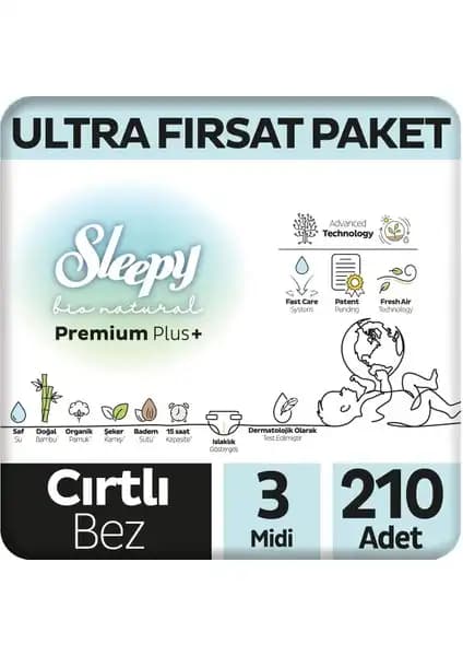 Sleepy Bio Natural Premium Plus Ultra Bebek Bezi 3 Numara Midi, Yüksek Kalite ve Doğal Malzeme