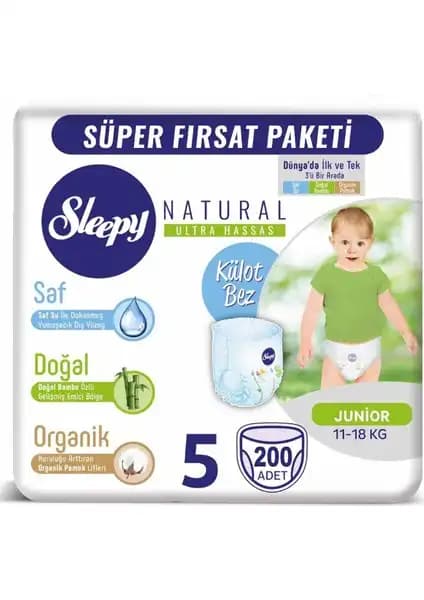 Sleepy Natural Külot Bez 5 Beden Junior 200 Adet Çocuklar İçin Güvenli ve Konforlu Hijyen Çözümü