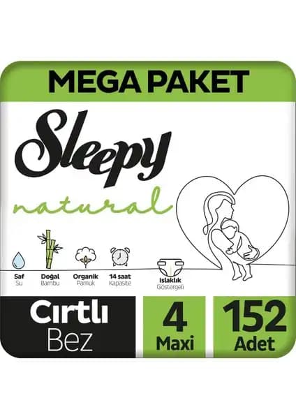 Sleepy Natural Mega Paket Bebek Bezi 4 Numara Maxi 152 Adet güvenli ve doğal içeriklerle uzun süreli kullanım