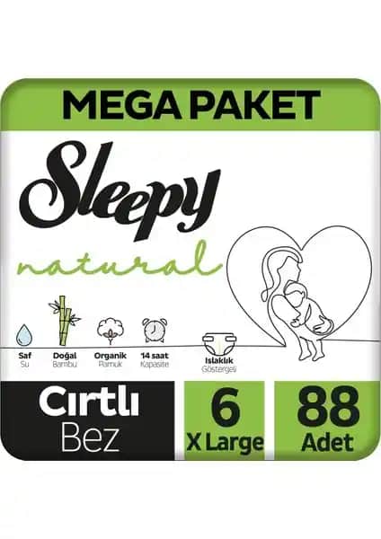 Sleepy Natural Mega Paket Bebek Bezi 6 Numara Xlarge 88 Adet Doğal ve Konforlu Bebek Bezi