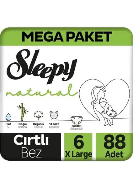 Sleepy Natural Mega Paket Bebek Bezi 6 Numara Xlarge 88 Adet Doğal ve Konforlu Bebek Bezi