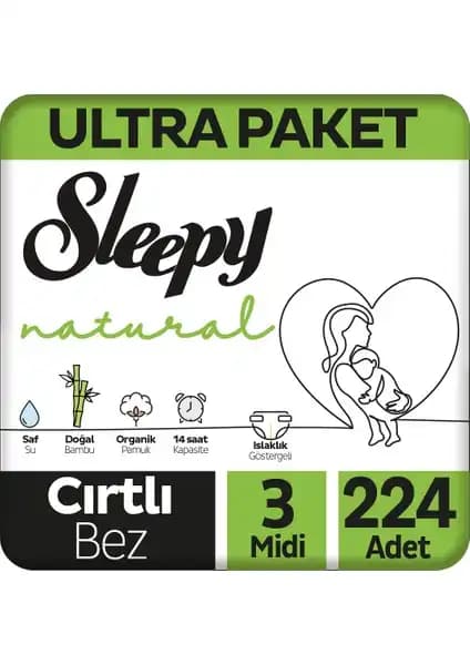 Sleepy Natural Ultra Bebek Bezi 3 Numara Midi 224 Adet Doğal ve Cilt Dostu Ürün