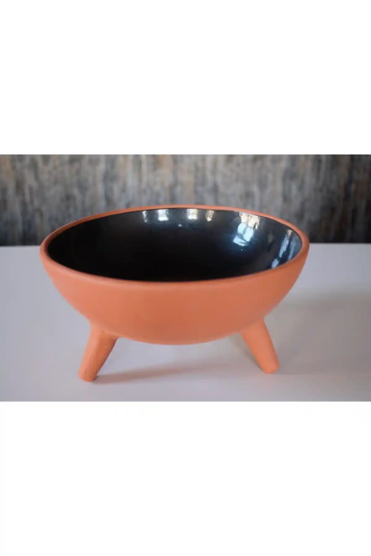 Ayaklı Sırlı Seramik Kedi Mama Kabı (Turuncu), 800 ml, El Yapımı Görünümlü