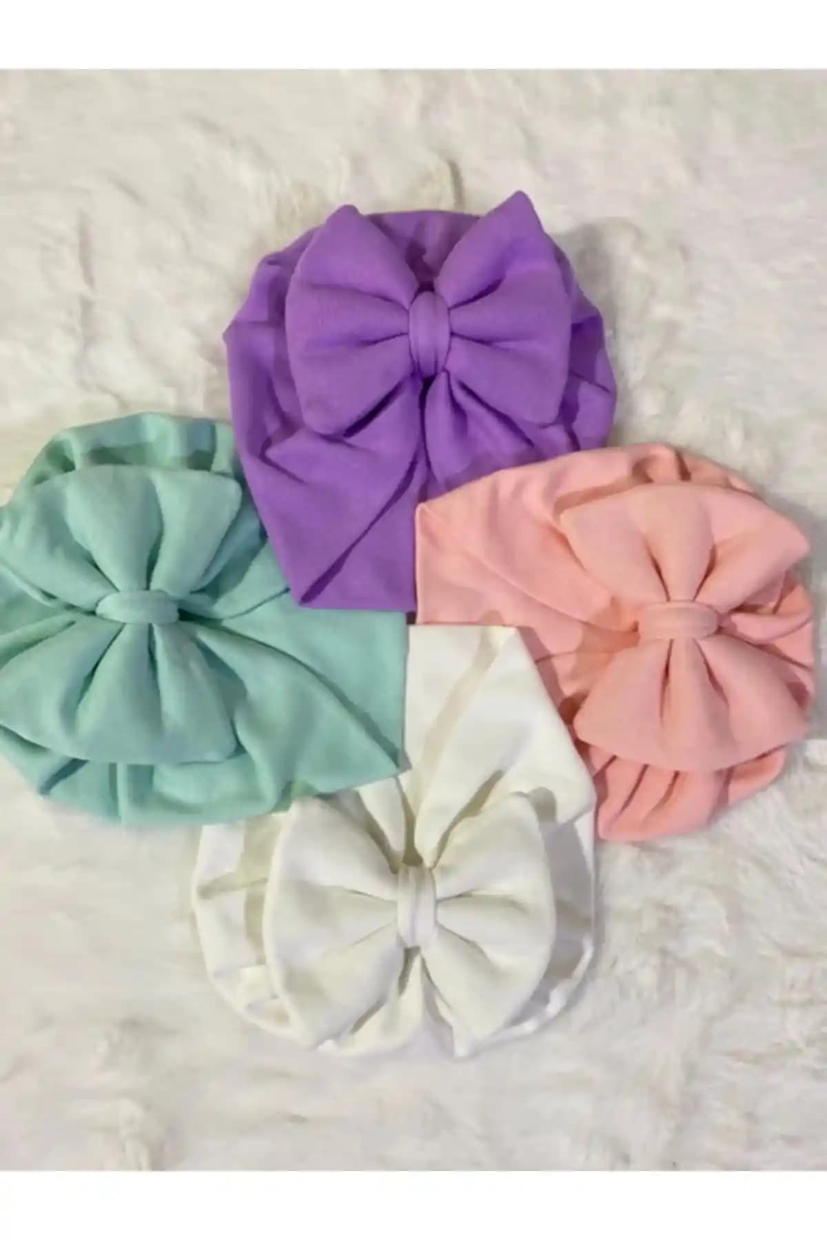 Bebekino Kız Bebek Fiyonklu Bone Seti 4’lü - Sarı Düz Renk, Türkiye Kökenli Üretim