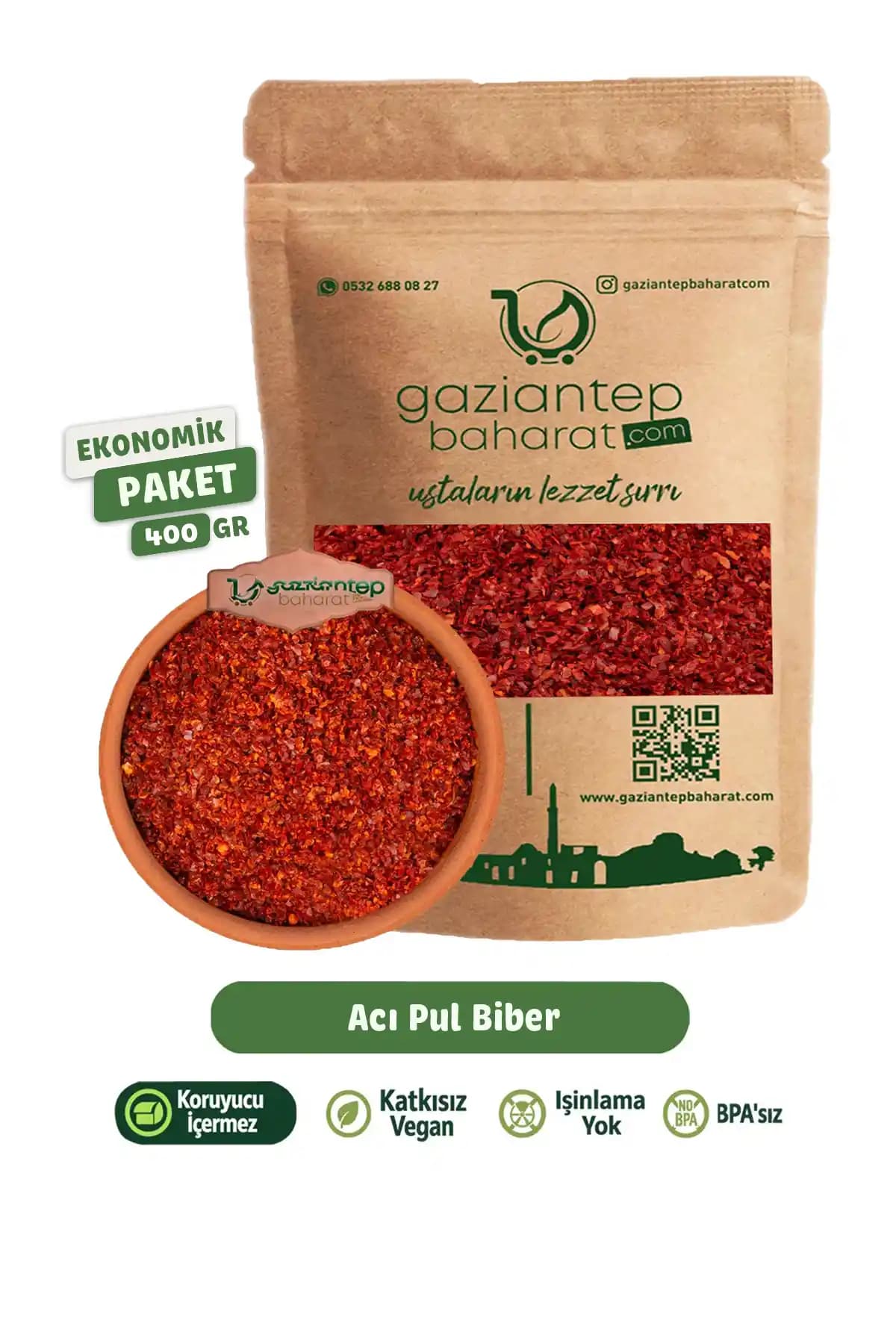 Gaziantep Baharat Acı Pul Biber 400g – Doğal Katkısız Yöresel Baharat, Güvenli Kullanım