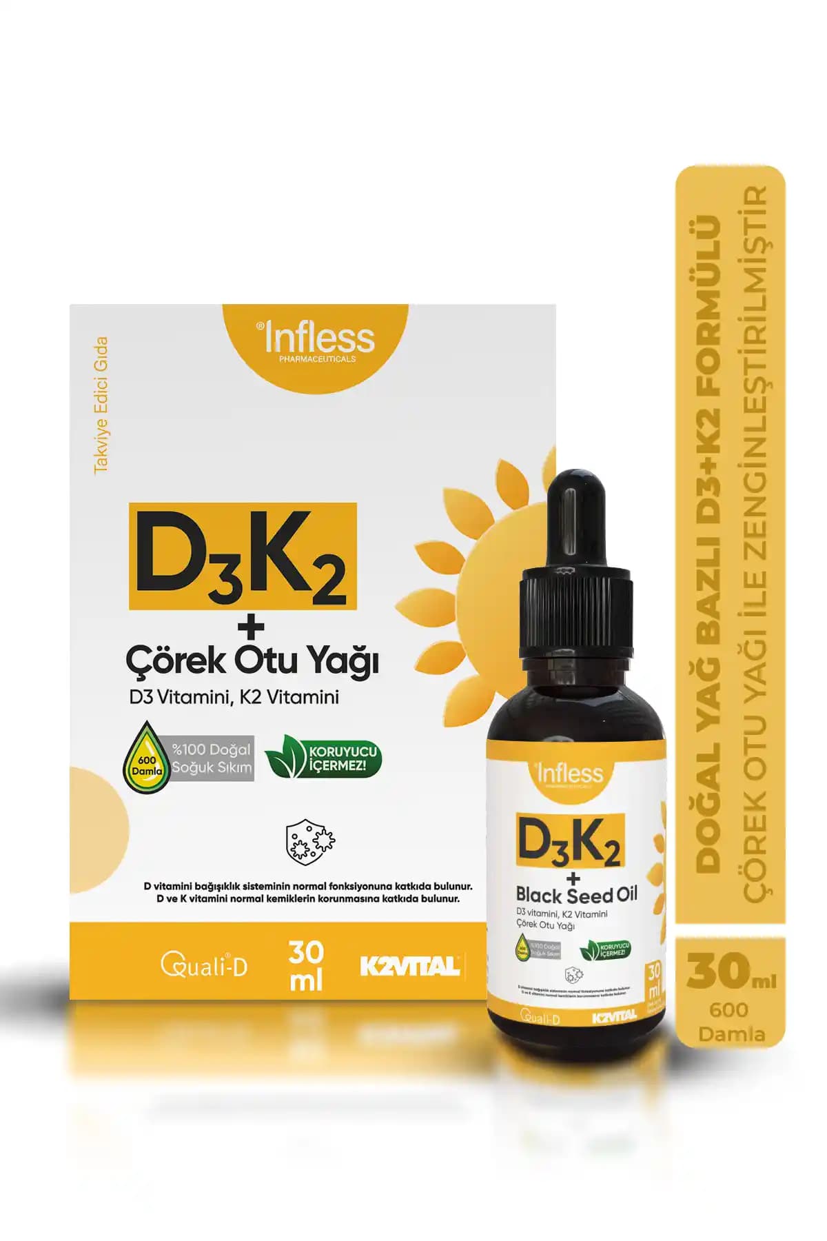 Infless Vitamin D3 K2 ve Çörek Otu Yağı Damla: Günlük Bağışıklık ve Kemik Sağlığı Desteği