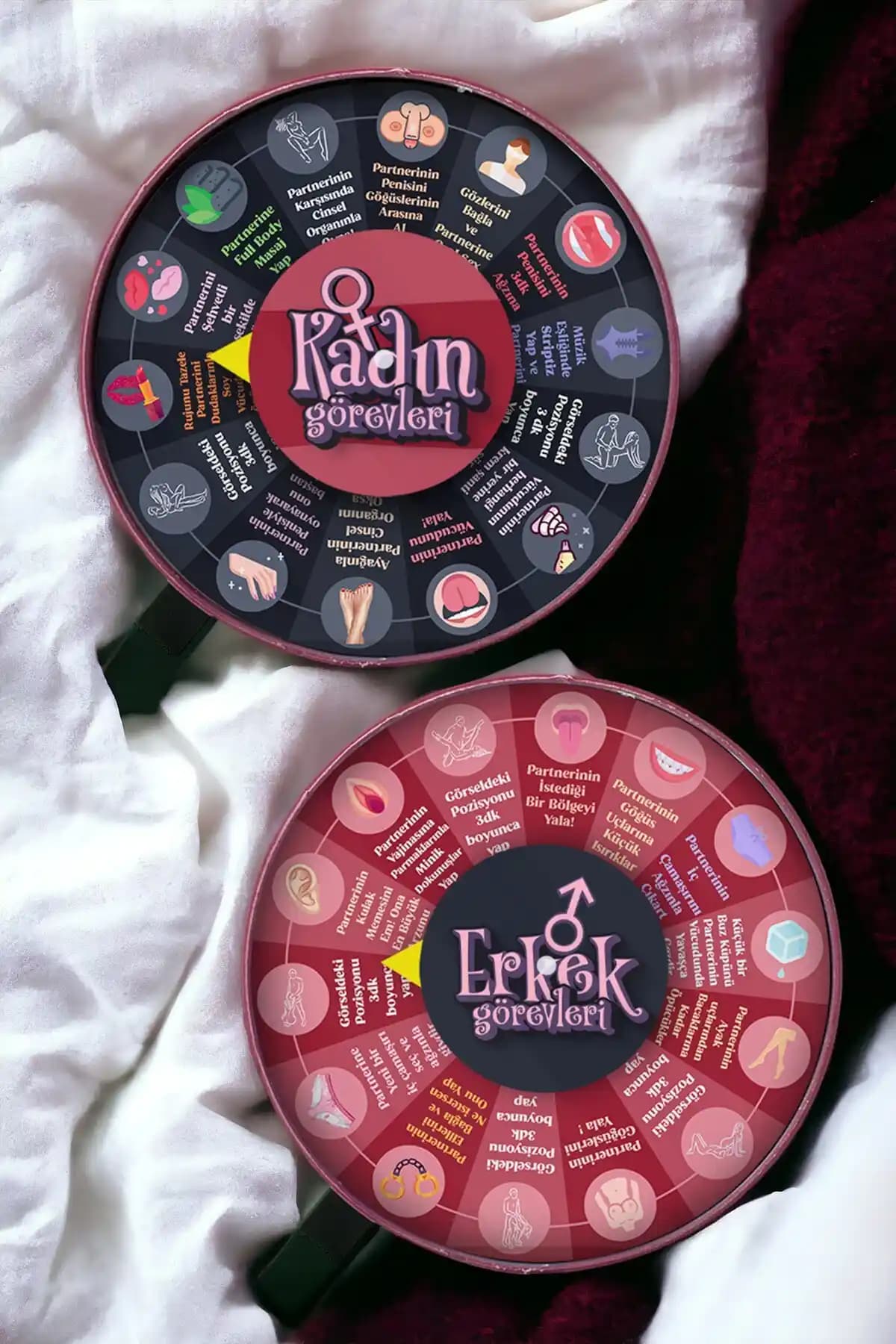 Kadın ve Erkek İçin İki Taraflı Görevli Erotik Çark Yatak Oyunu – Hediye Kutusu
