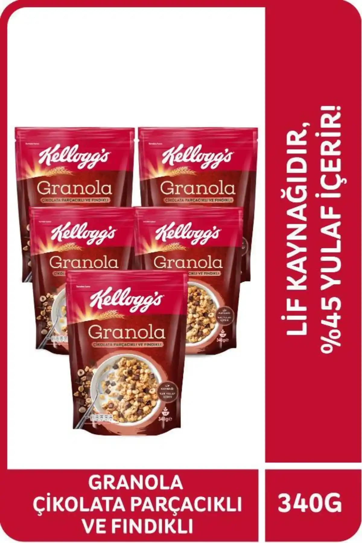 Kellogg's Granola Çikolata Parçacıklı ve Fındıklı – 340 g, 5'li Paket, Dengeli Kahvaltı
