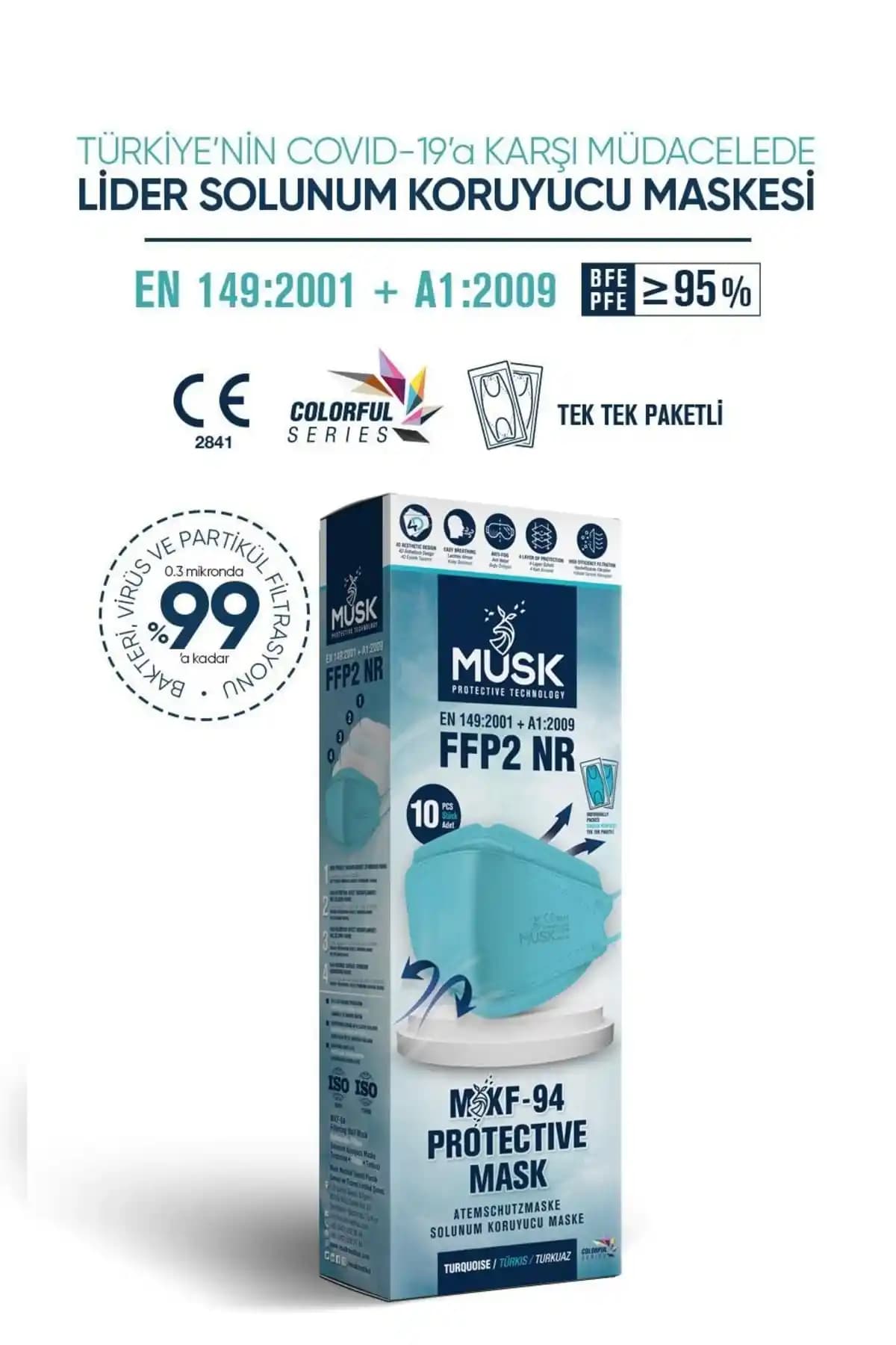 Musk KF94 Kore Tipi FFP2 Maske Turkuaz Renk 10 Adet Paket ile Günlük Konforlu Koruma