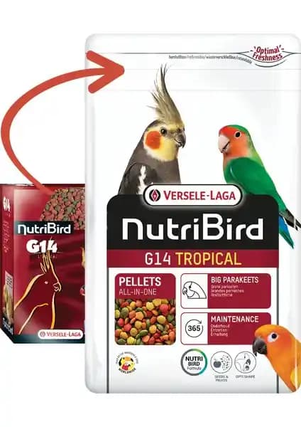 Paraketler için dengeli enerji ve bağırsak sağlığı sunan Nutribird G14 Tropical peleti