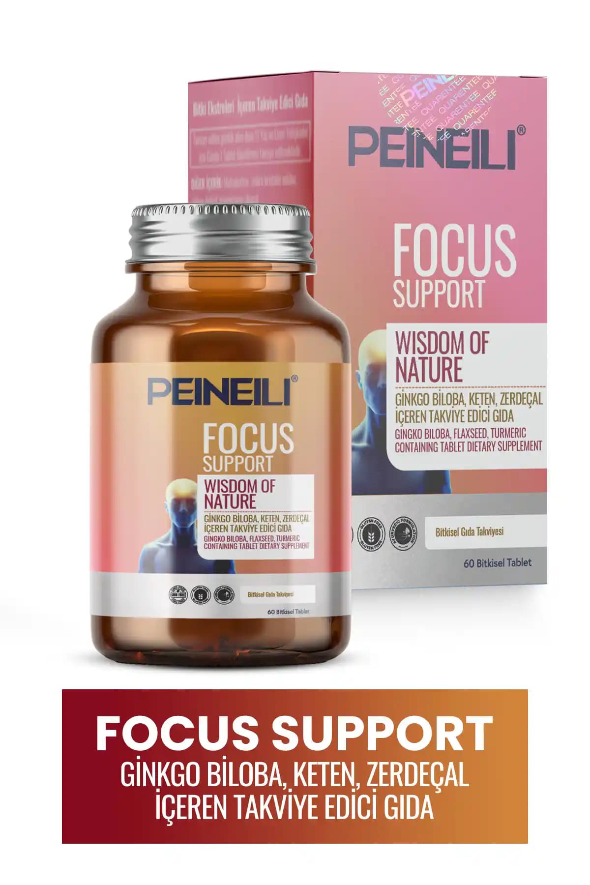 PEINEILI Focus: Ginkgo Biloba ve Zerdeçal İçeren Aromasız Bitkisel Tabletler – 60 Adet