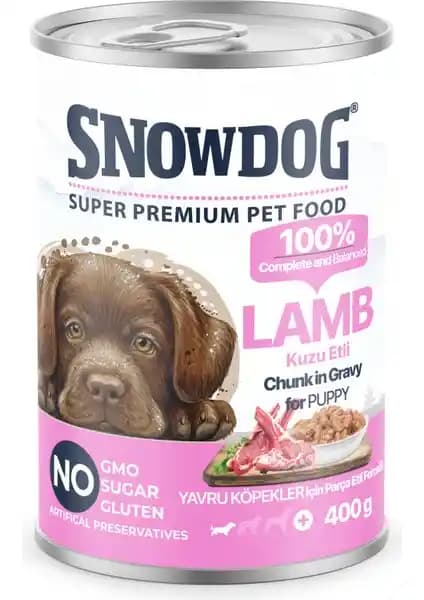 Snow Dog Premium Parça Etli Kuzulu Yavru Köpek Konservesi – 12 Adet × 400 g paketli