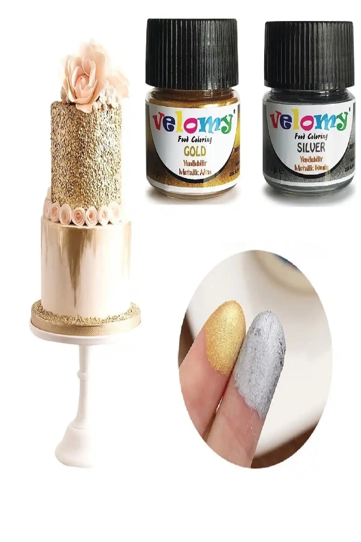 Velomy Yenilebilir Altın ve Gümüş Metalik Sim Toz Boya – Gıda Güvenli Dekoratif Parlaklık