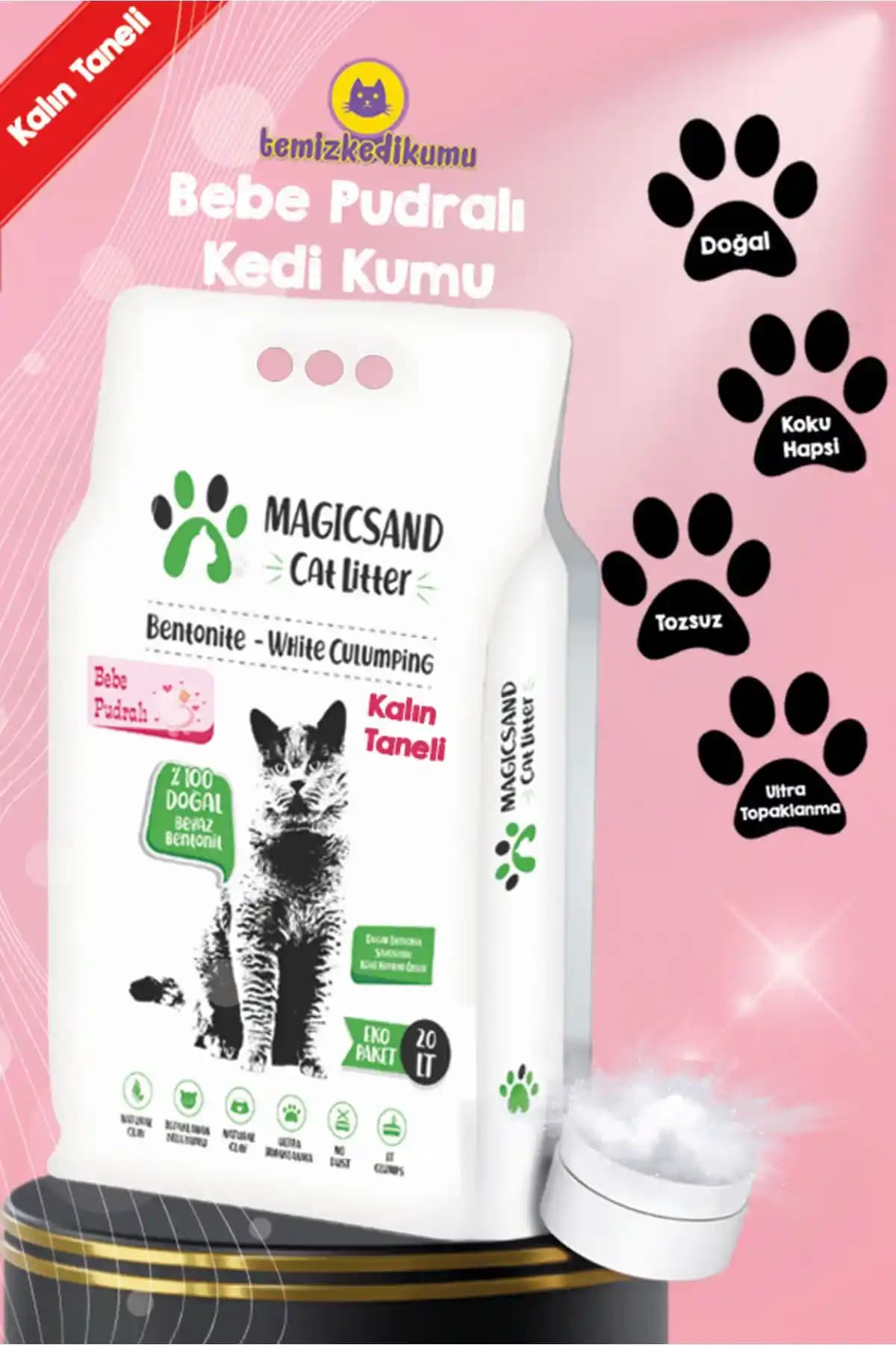 Doğal ve Yüksek Performanslı Magic Sand Bebek Pudralı Kalın Taneli Kedi Kumu 20 Lt