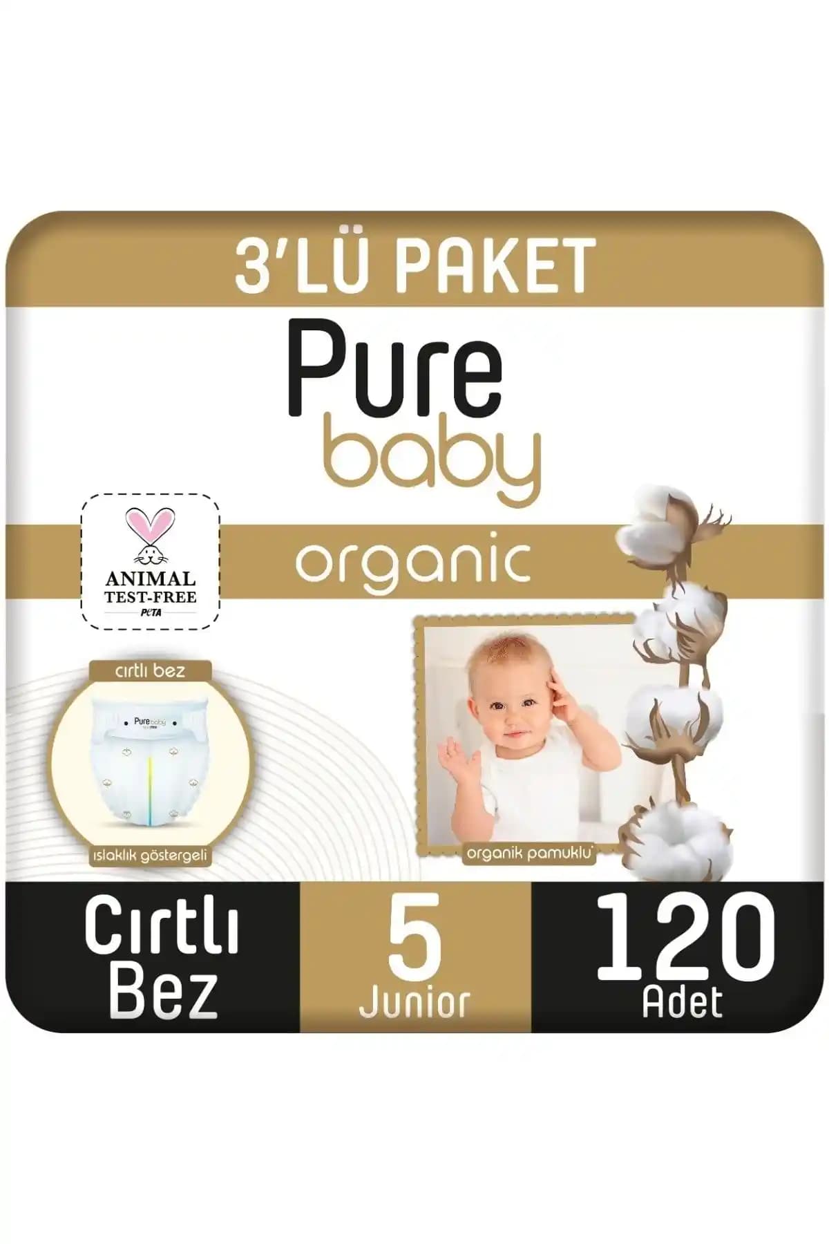 Pure Baby Organik Pamuklu Cırtlı Bez 3'lü Paket Bebekler İçin Konfor ve Güvenlik Sağlar