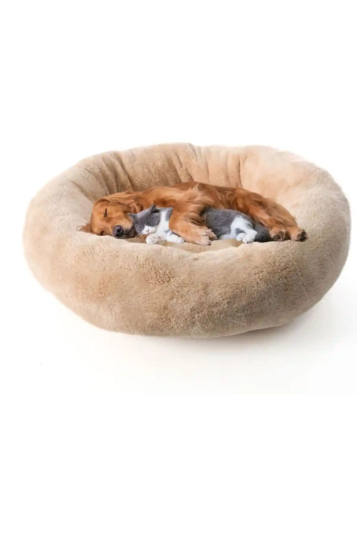 BE ACTIVE Ponchik Peluş Simit Kedi ve Köpek Yatağı Camel Renkli Konforlu Tasarım