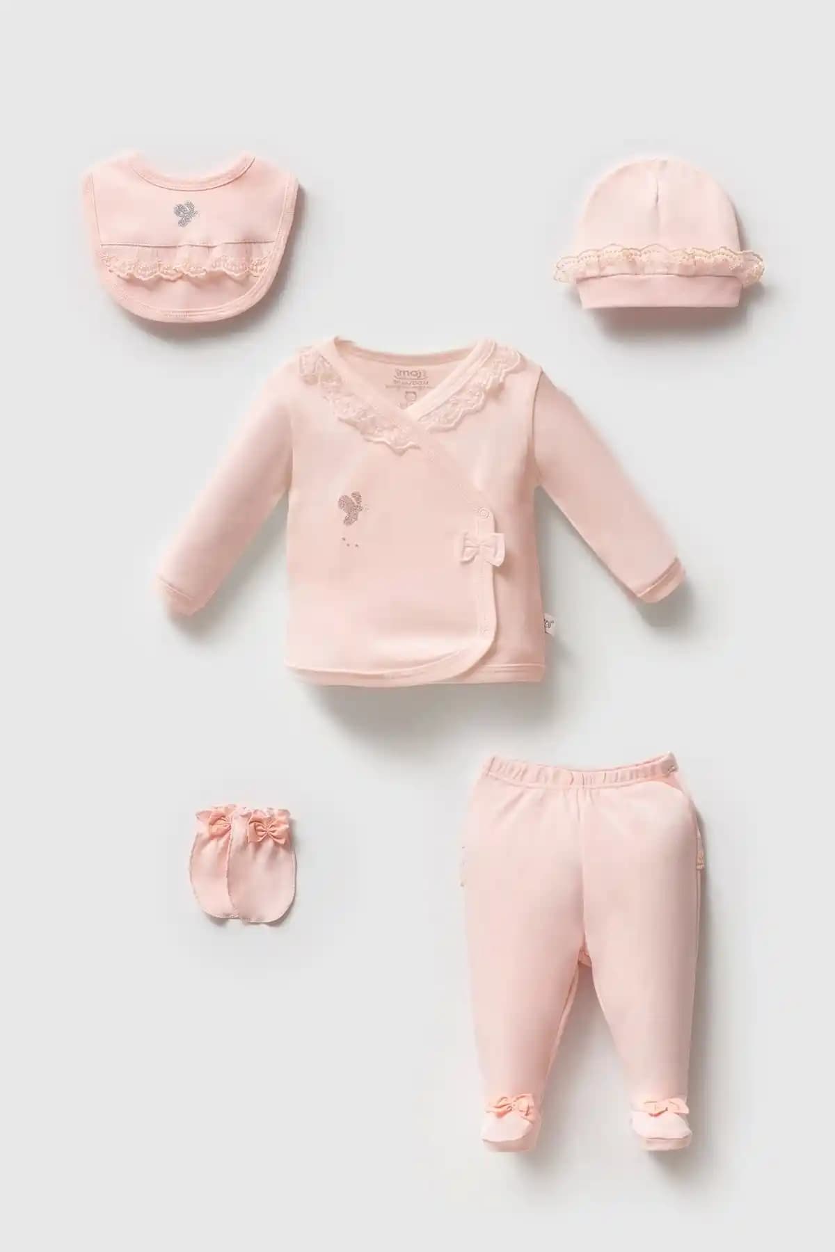 İmaj Kız Bebek %100 Pamuk Güpür Dantelli Fiyonklu 5'li Zıbın Seti 0-3 Ay Rahatlık ve Şıklık