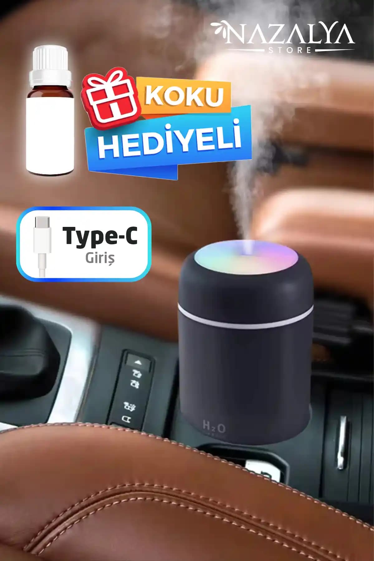 Nazalya 300ml USB Kablolu Araç İçi Oto Kokusu ve Hava Nemlendirici – Gri Tasarım
