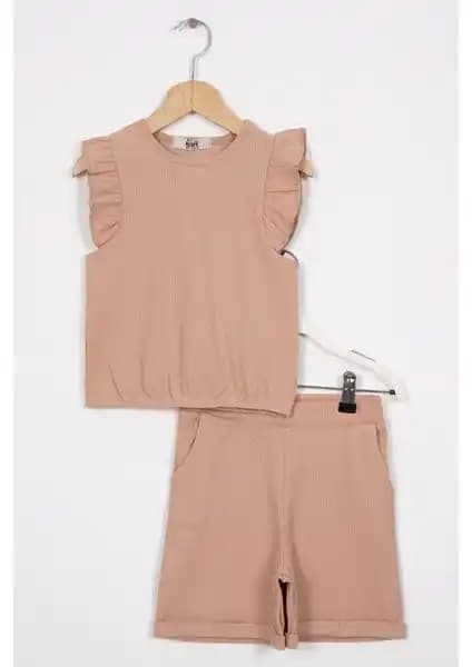 Zepkids Bej Renk Kız Çocuk Şortlu Takım - Bisiklet Yaka ve Fırfırlı Omuz Detaylı
