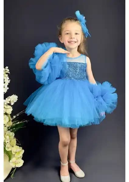 Abiye Kids Mavi Pullu Kol Detaylı Çocuk Abiyesi - Zarif ve Konforlu Tasarım