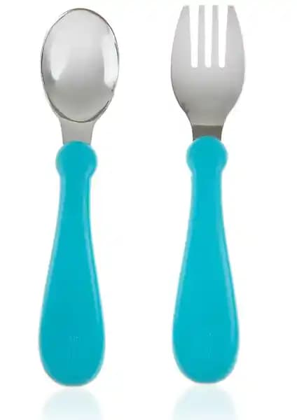 Baby Jem Paslanmaz Çelik Çatal ve Kaşık Seti Turkuaz Renkli Güvenli ve Ergonomik Bebek Yemek Takımı