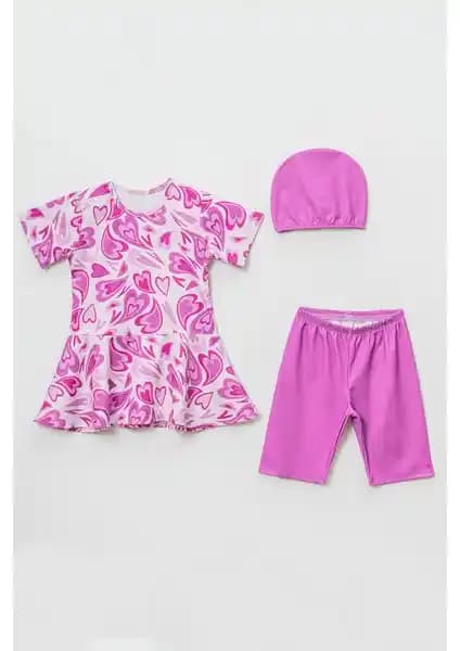 Beniizle Kalp Desenli Boneli Kız Çocuk Üçlü Haşama Seti Renkli ve Konforlu Yazlık Kıyafet Alternatifi