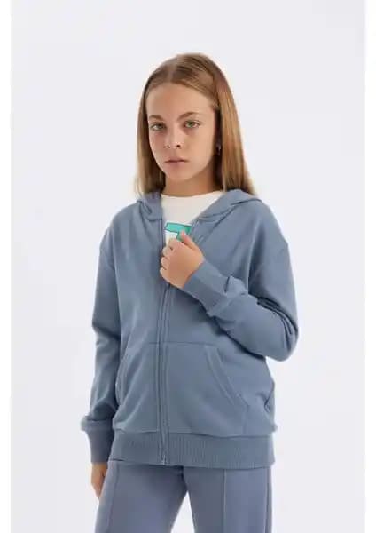 DeFacto Kız Çocuk Basic Düz Kapüşonlu Cepli Fermuarlı Hırka Günlük Kullanım İçin Uygun