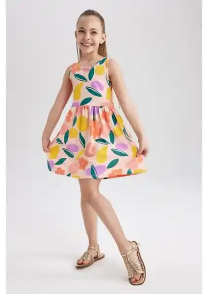 DeFacto Kız Çocuk Desenli Kolsuz Yaz Elbisesi Renkli ve Rahat Tasarım