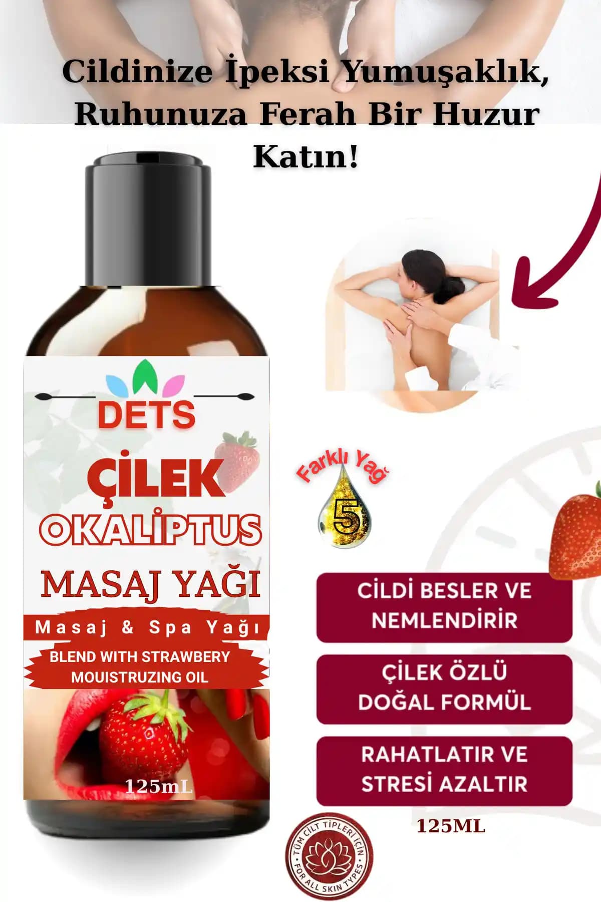 Dets Doğal Masaj Yağı Çilek ve Okaliptüs Aromaterapi ile Rahatlama ve Cilt Bakımı
