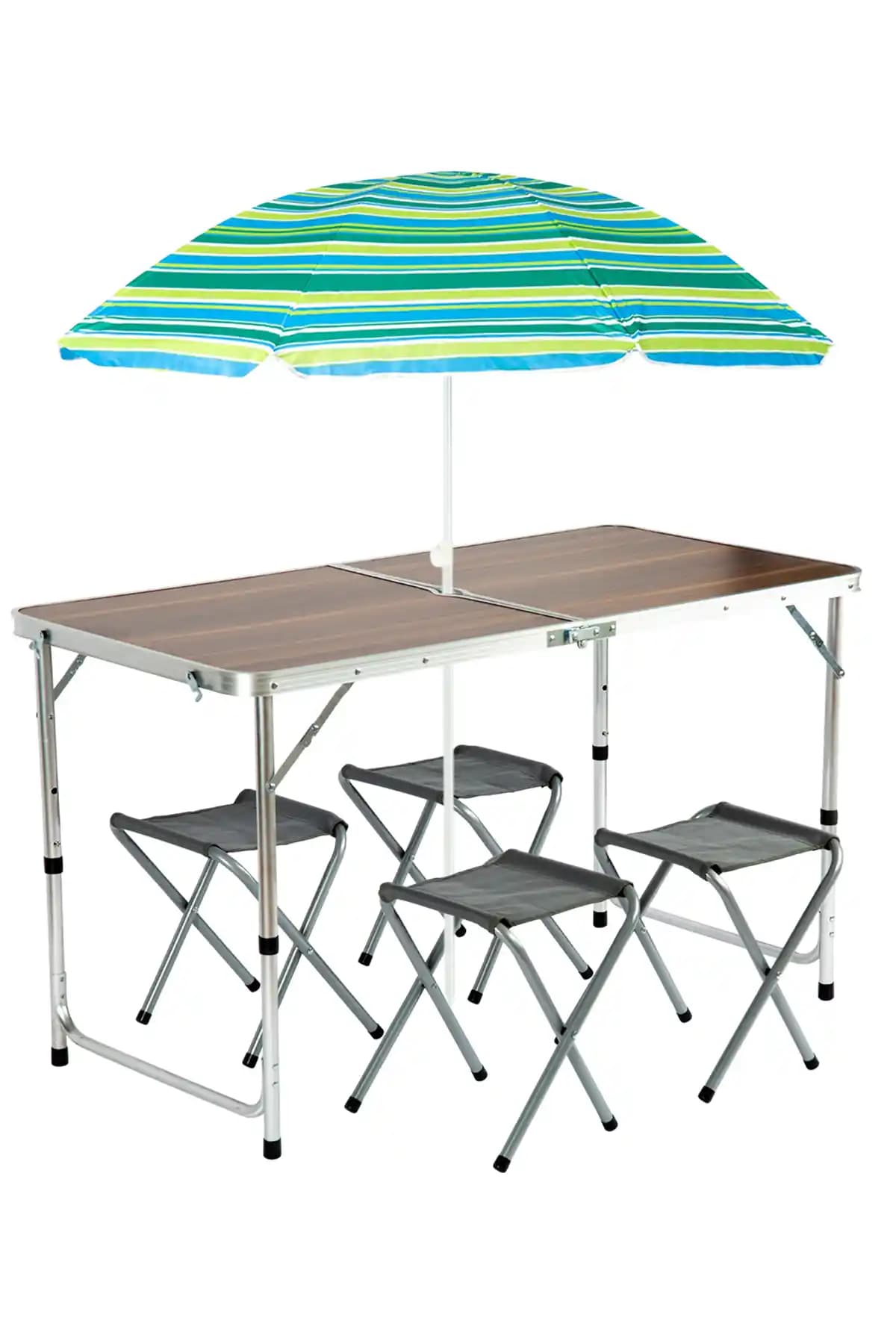 Funky Chairs Şemsiyeli Katlanabilir Piknik Masası Seti Ahşap Desen Doğa ve Şıklık Sunar