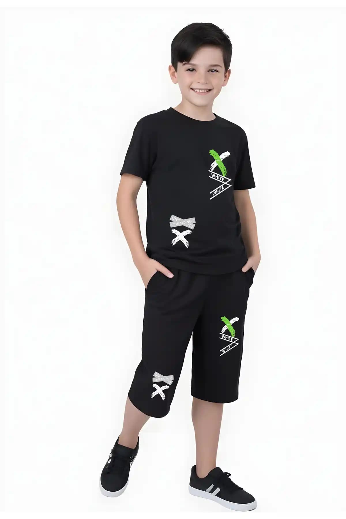 FYK KIDS Yazı Baskılı Erkek Kaprili Alt-üst Eşofman Takımı Günlük ve Spor Kullanımına Uygun